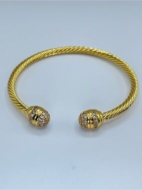 Gold Cable Cuff Bracelet Diamond White Crystal Accent Modern Glam Bangle